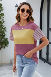 Color Block Round Neck Short Sleeve T-Shirt
