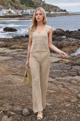 Hollow Out Round Neck Top and Pants Sweater Cover Up Set