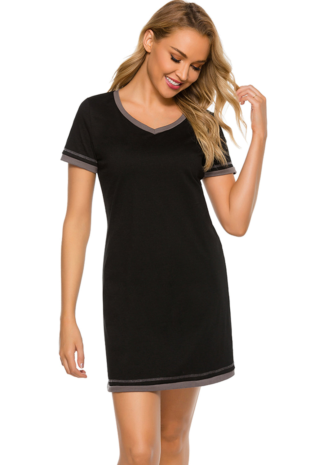 Contrast Trim Short Sleeve Lounge Dress - felvior
