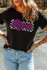 MAMA Rhinestone Letter Round Neck T-Shirt