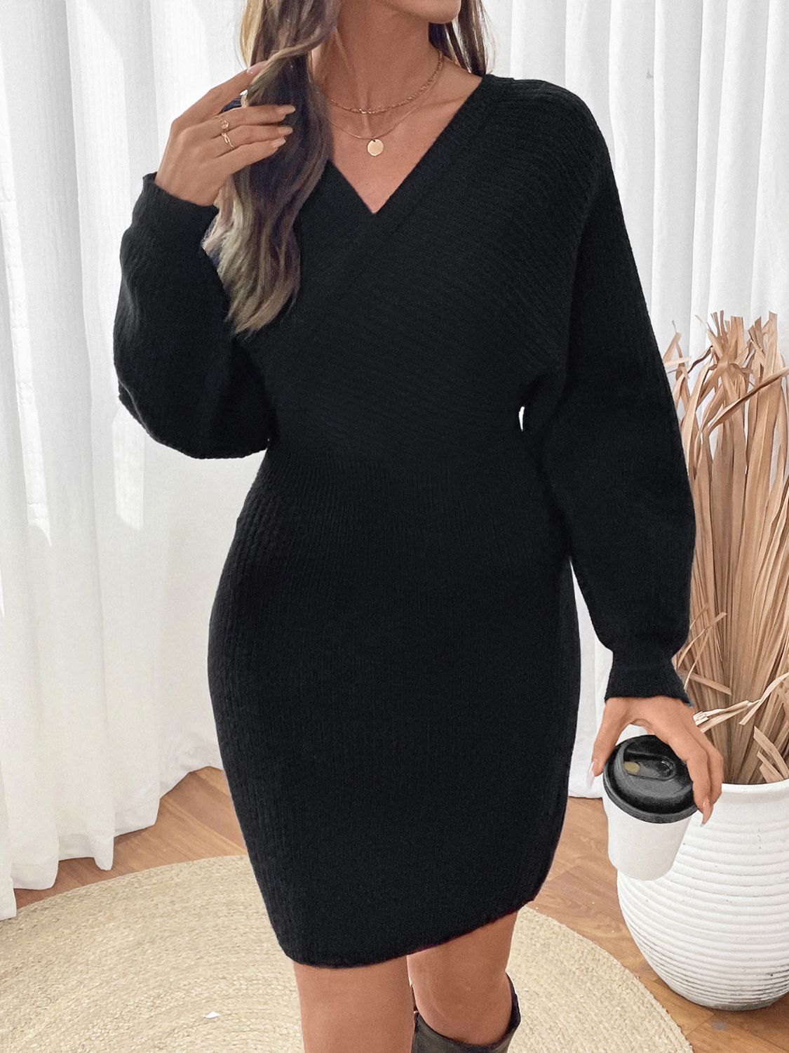 Perfee Surplice Long Sleeve Sweater Dress - felvior