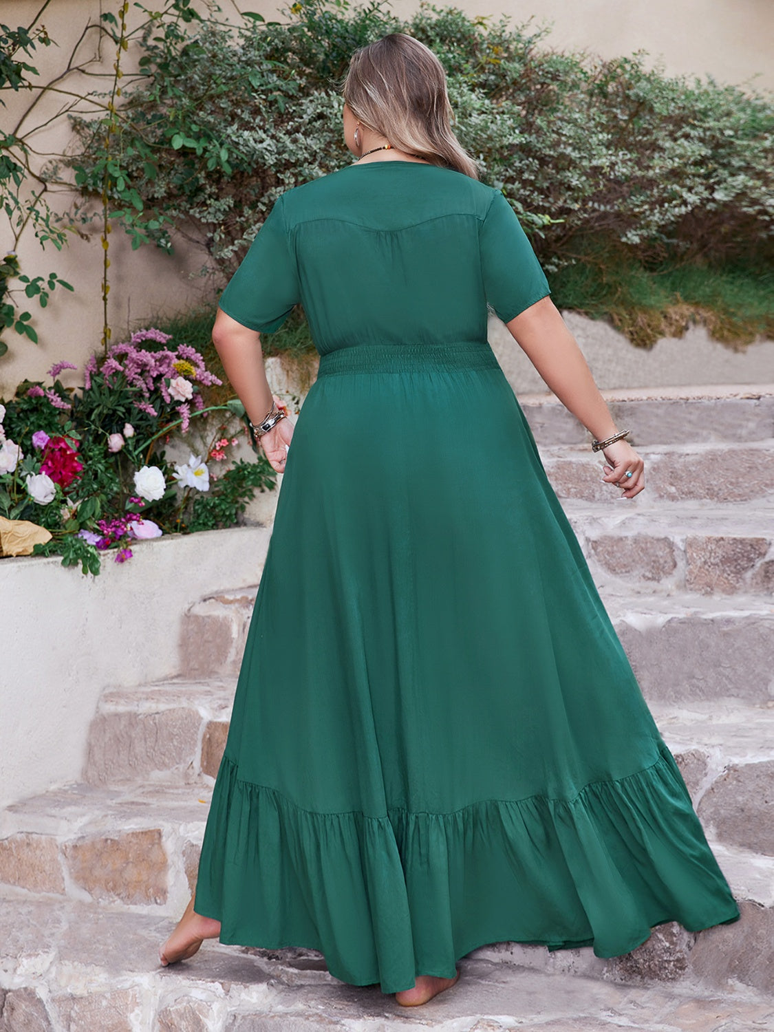 Plus Size Button Detail V-Neck Short Sleeve Maxi Dress - felvior