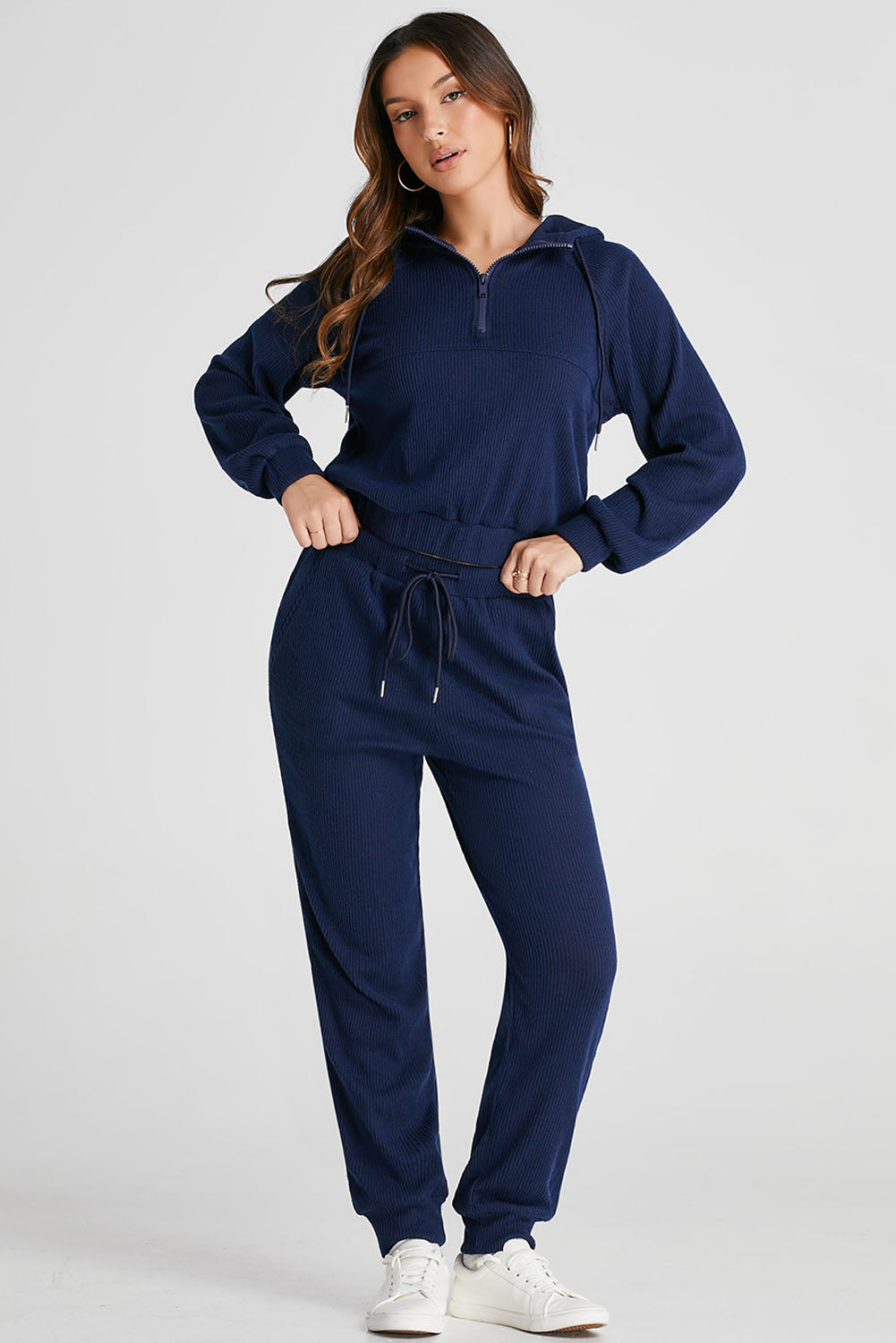 Drawstring Half Zip Hoodie and Joggers Active Set - felvior