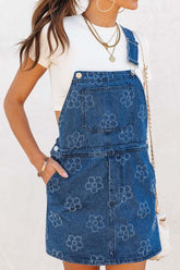 Flower Print Square Neck Denim Overall Dress