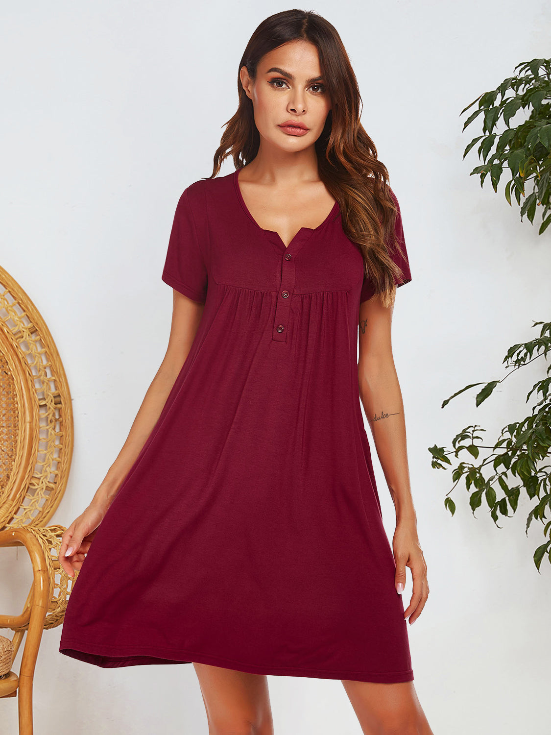 Notched Short Sleeve Mini Lounge Dress - felvior