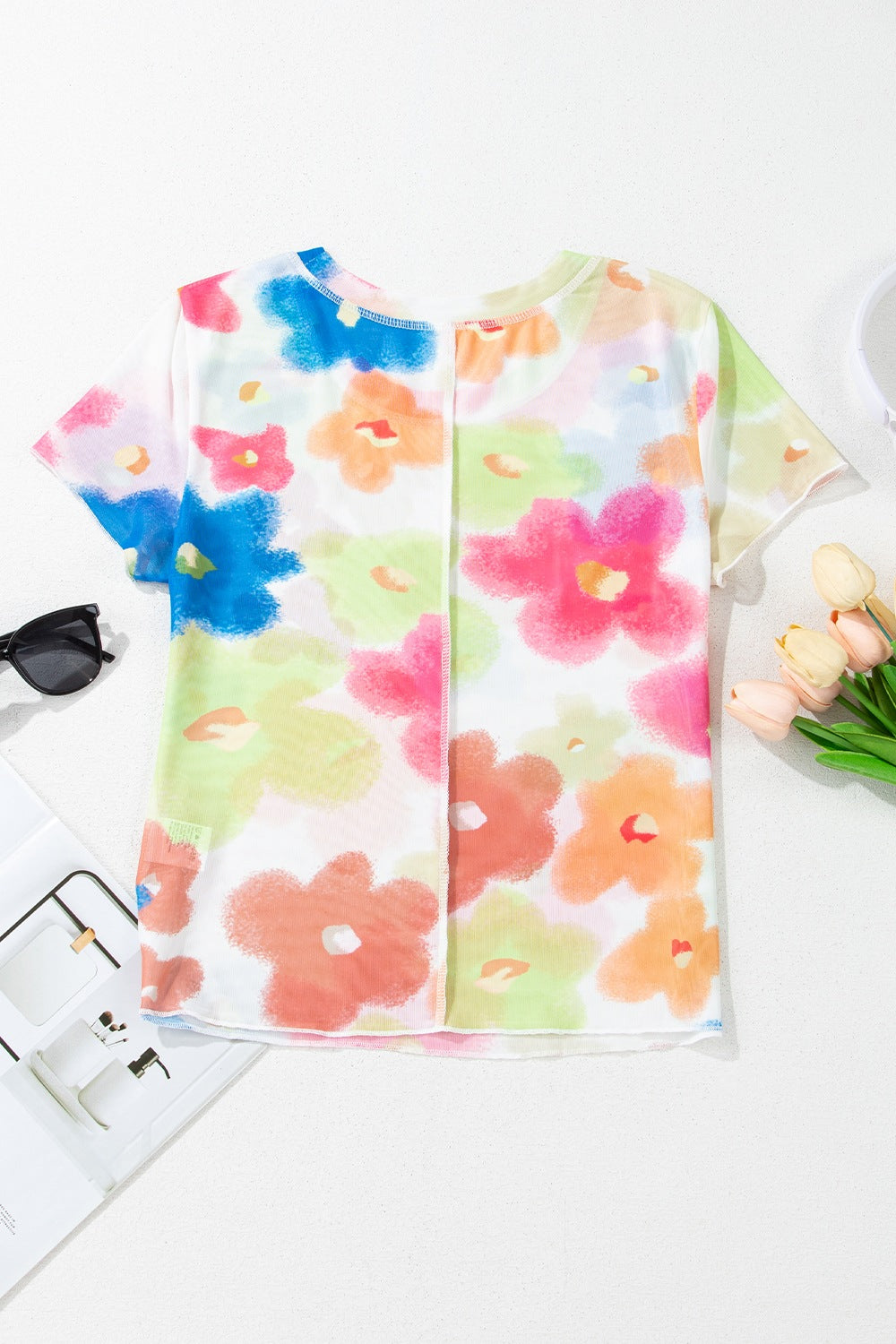 Printed Round Neck Short Sleeve Blouse - felvior