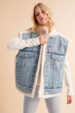 Aemi + Co Fake Two Pieces Denim Patch Sherpa Vest Coat