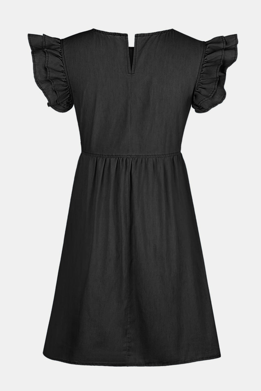 Full Size Ruffled Round Neck Cap Sleeve Denim Dress - felvior