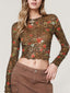 Leopard Floral Round Neck Long Sleeve Mesh T-Shirt
