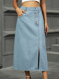 Slit Button Detail Denim Midi Skirt