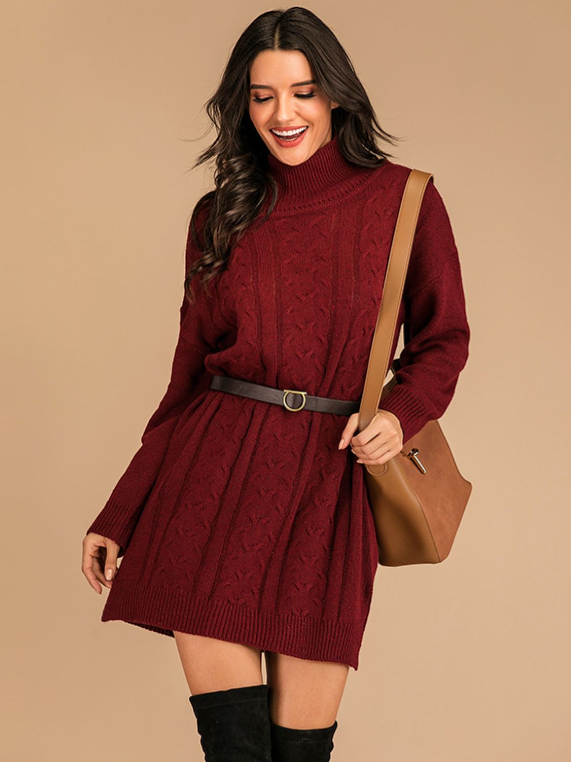 Perfee Slit Turtleneck Long Sleeve Mini Sweater Dress - felvior