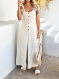 Devine Button Front Knotted Strap Wide Leg Jumpsuit