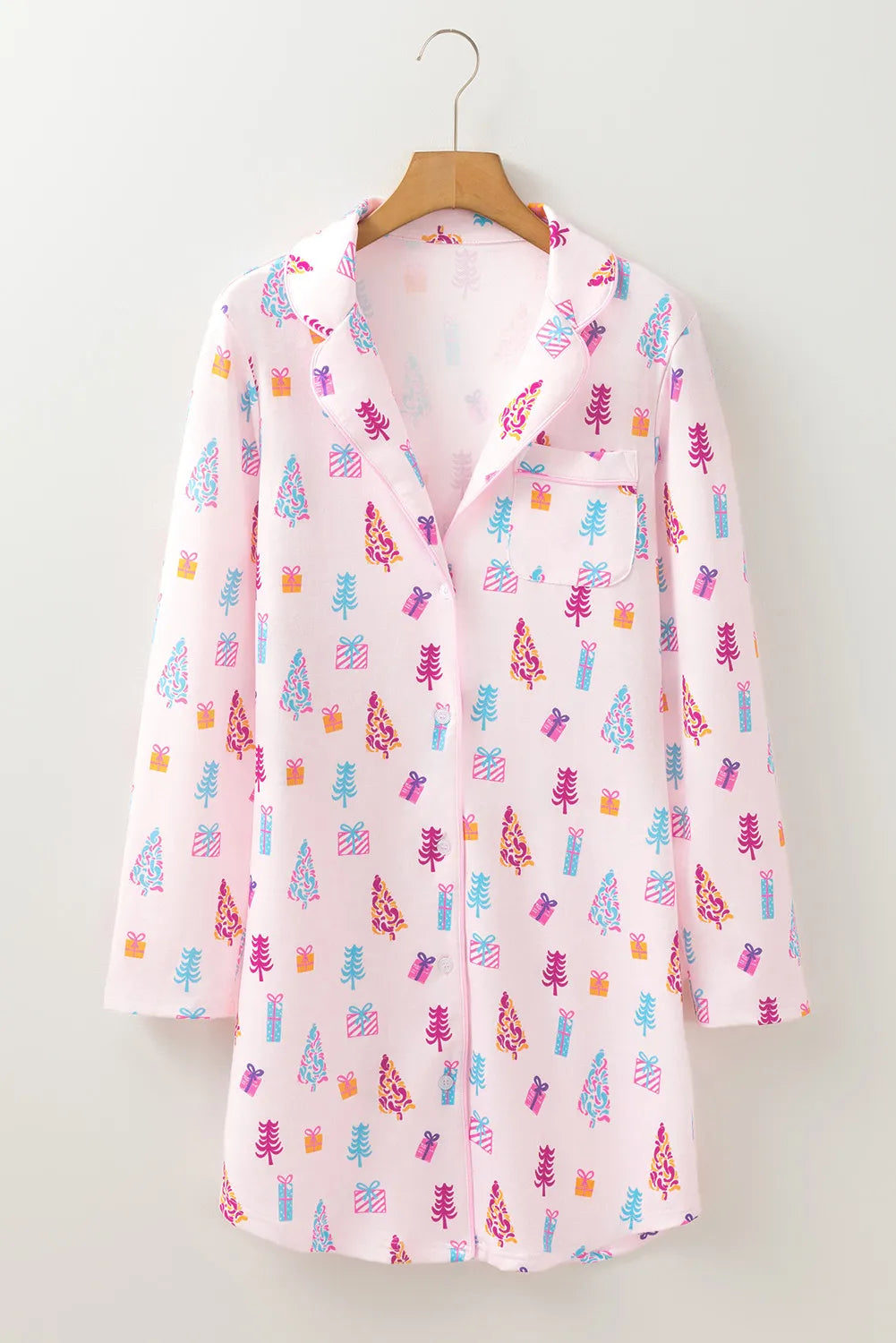 Printed Collared Neck Long Sleeve Lounge Dress - felvior