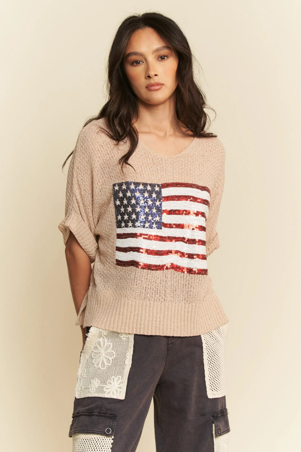 Davi & Dani Sequin American Flag Patch Short Sleeve Knit Top