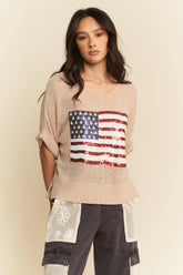 Davi & Dani Sequin American Flag Patch Short Sleeve Knit Top