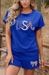 Textured Sequined USA Top and Bowknot Shorts Set