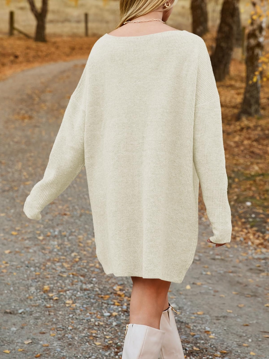 V-Neck Dropped Shoulder Sweater Dress - felvior
