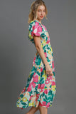 Umgee Full Size Tiered Floral Print Notched Puff Sleeve Midi Dress Plus Size