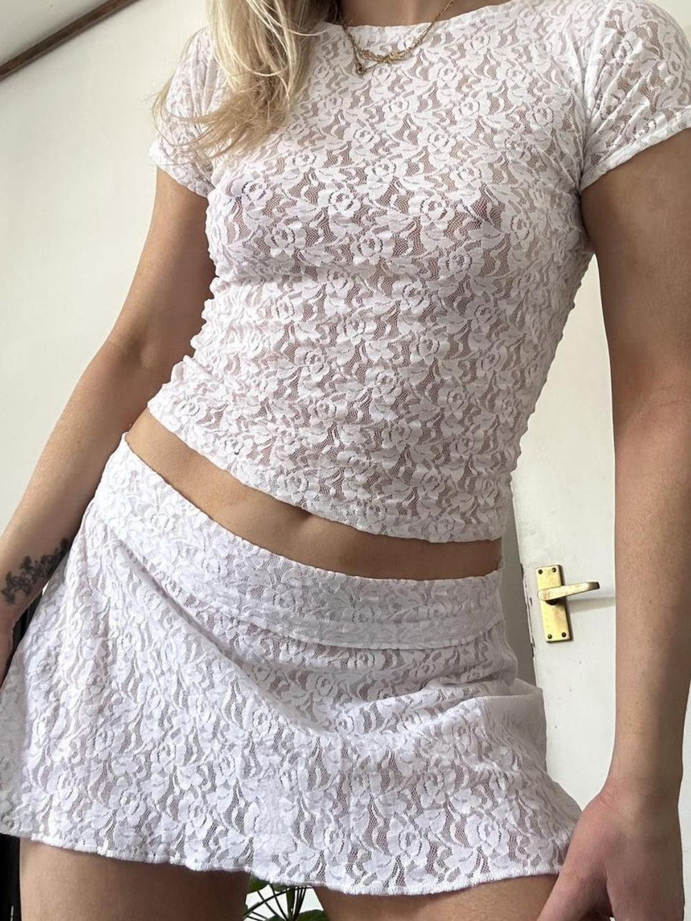 Lace Round Neck Short Sleeve Top and Skirt Set