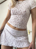 Lace Round Neck Short Sleeve Top and Skirt Set