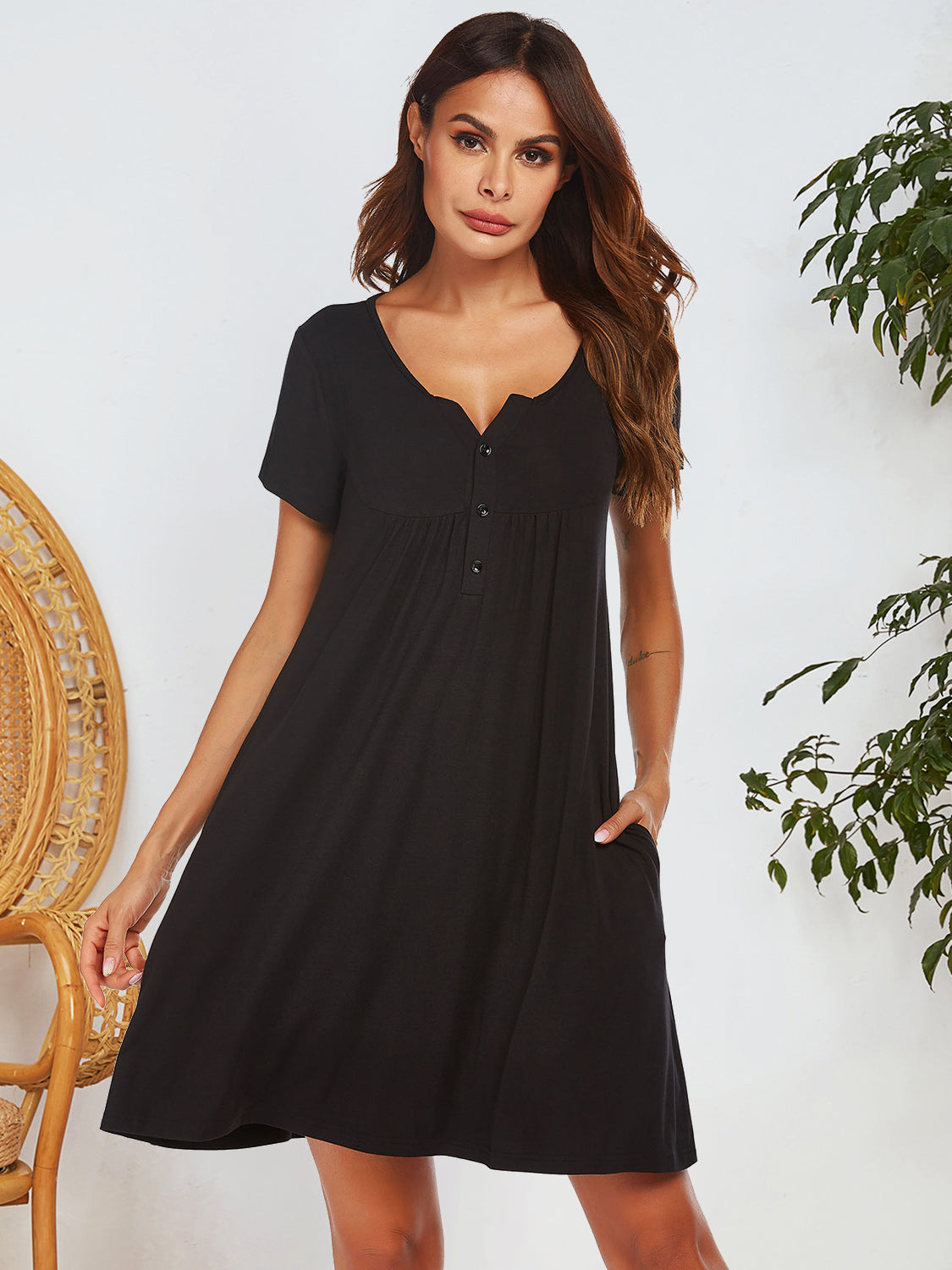 Notched Short Sleeve Mini Lounge Dress - felvior