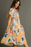 Umgee Full Size Abstract Print Flutter Sleeve Frill Tiered Midi Dress Plus Size