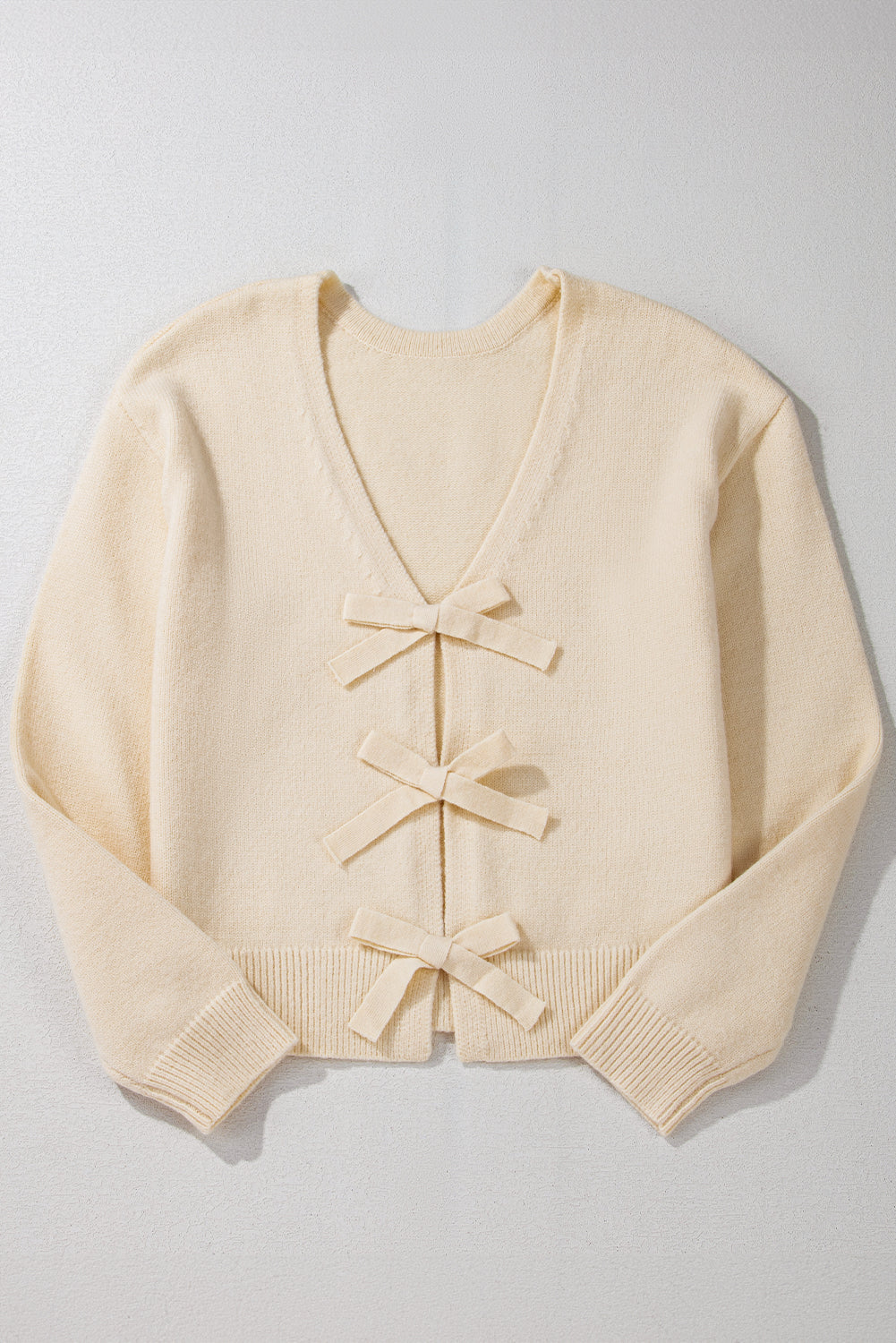Bowknot Front V Neck Long Sleeve Cardigan - felvior