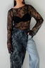 Fringe Round Neck Long Sleeve Lace Sheer Top