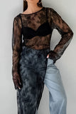 Fringe Round Neck Long Sleeve Lace Sheer Top