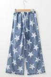 Star Print Washed Drawstring High Waist Wide Leg Jeans