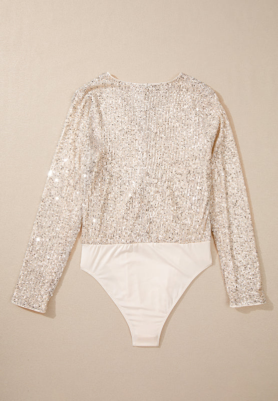 Sequin Surplice Long Sleeve Bodysuit - felvior