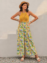 Openwork Halter Neck Floral Wide Leg Jumpsuit