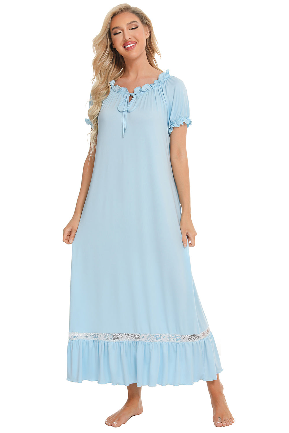 Lace Detail Short Sleeve Lounge Dress - felvior