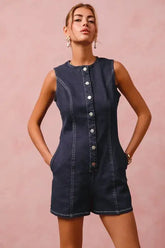 SO ME Button Up Front Washed Denim Sleeveless Romper