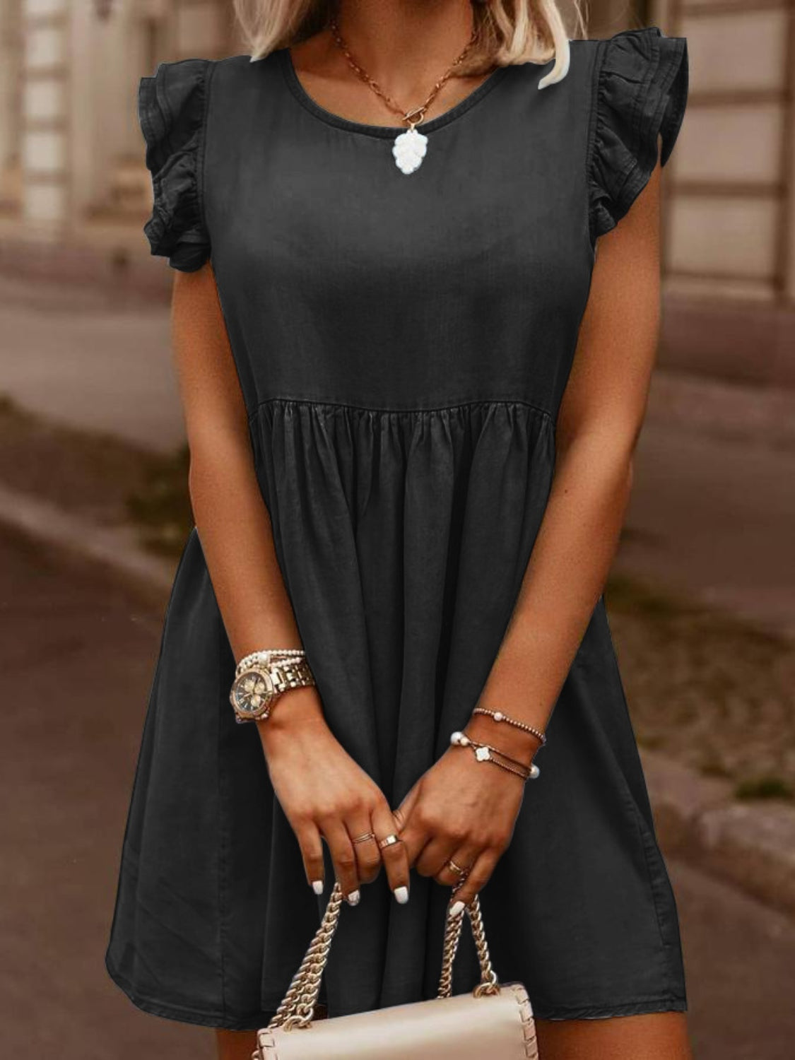 Full Size Ruffled Round Neck Cap Sleeve Denim Dress - felvior