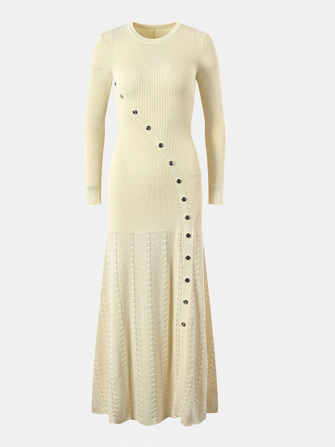 Openwork Round Neck Long Sleeve Sweater Dress - felvior