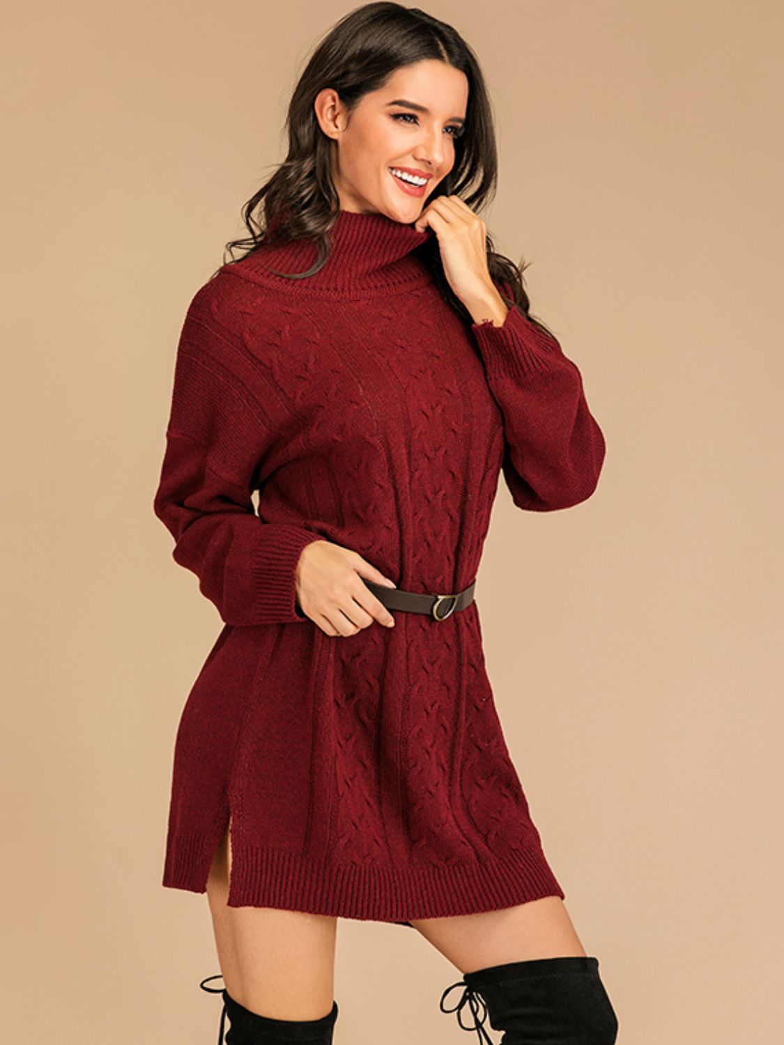 Perfee Slit Turtleneck Long Sleeve Mini Sweater Dress - felvior