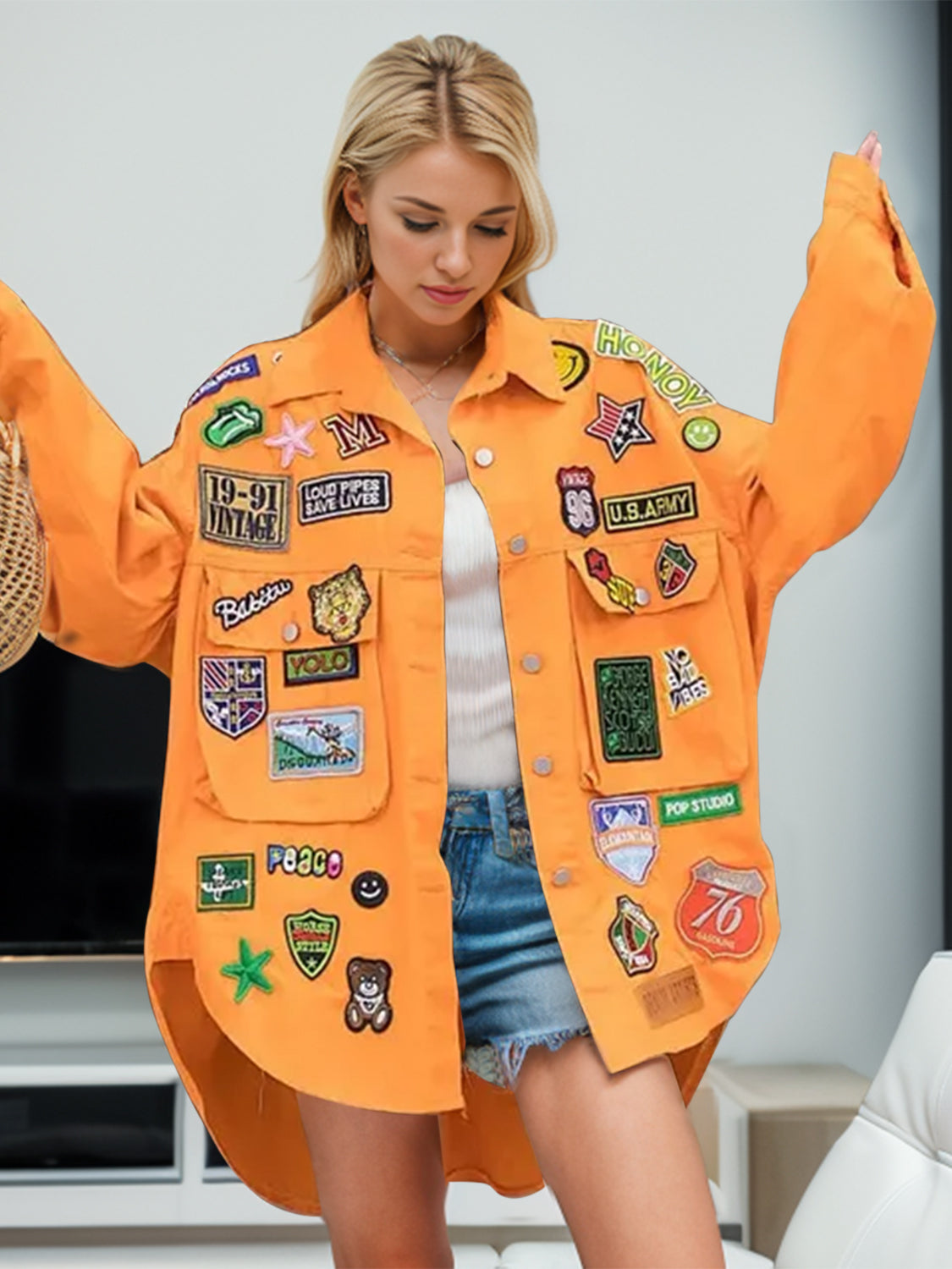 Embroidered Patch Button Up Long Sleeve Denim Jacket - felvior