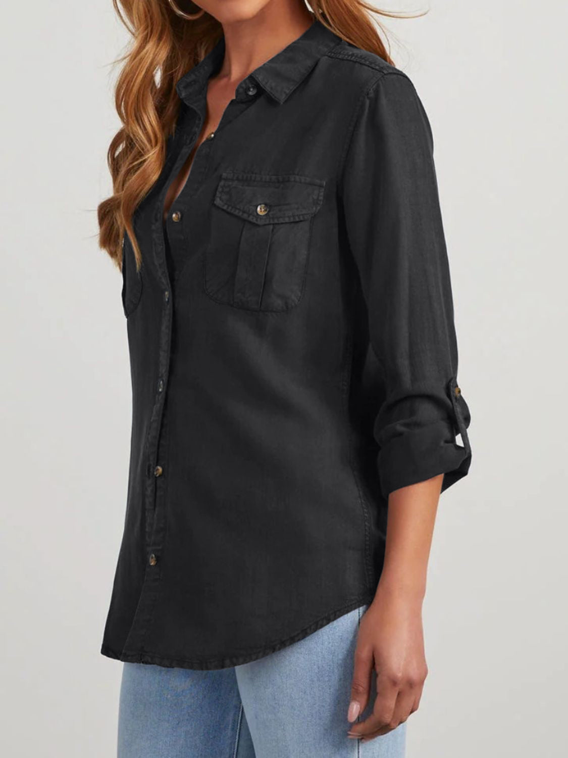 Collared Neck Roll-Tab Sleeve Denim Top - felvior