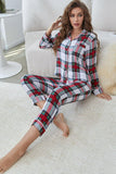 Plaid Button Front Top and Pants Lounge Set