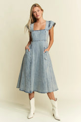 Jade By Jane Ruffled Denim Midi Dress - Plus Size Square Neck