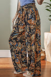 Floral Shirred High Waist Wide Leg Pants with Tie