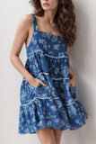 Floral Tiered Square Neck Denim Dress