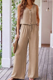 Button Down Vest and Drawstring Wide Leg Pants Set