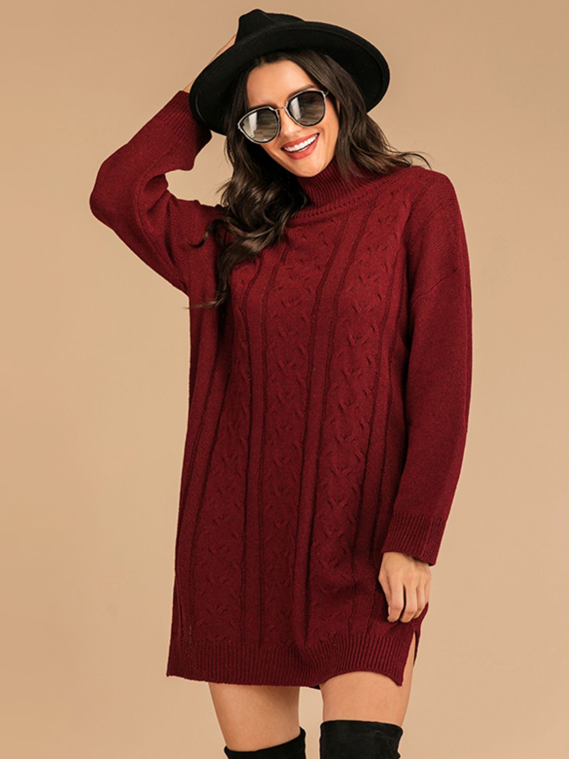 Perfee Slit Turtleneck Long Sleeve Mini Sweater Dress - felvior