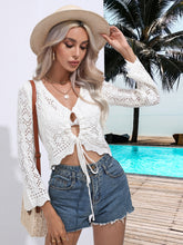 Openwork Drawstring V-Neck Long Sleeve Cover-Up