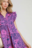 Umgee Full Size Printed Ruffle Cap Sleeve Babydoll Dress Plus Size