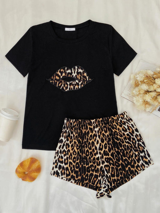 Leopard Lip Graphic Top and Shorts Lounge Set - felvior