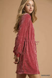 Umgee Velour Drawstring Mini Dress with Long Sleeves