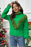 Cable-Knit Ruffled Mock Neck Lantern Sleeve Sweater